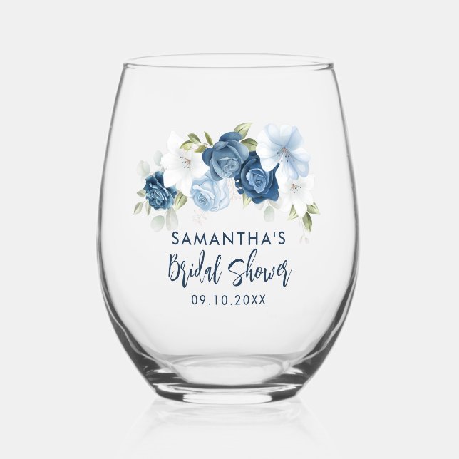 Vaso De Vino Dusty Blue Floral Bridal Shower Personalizada (Anverso)