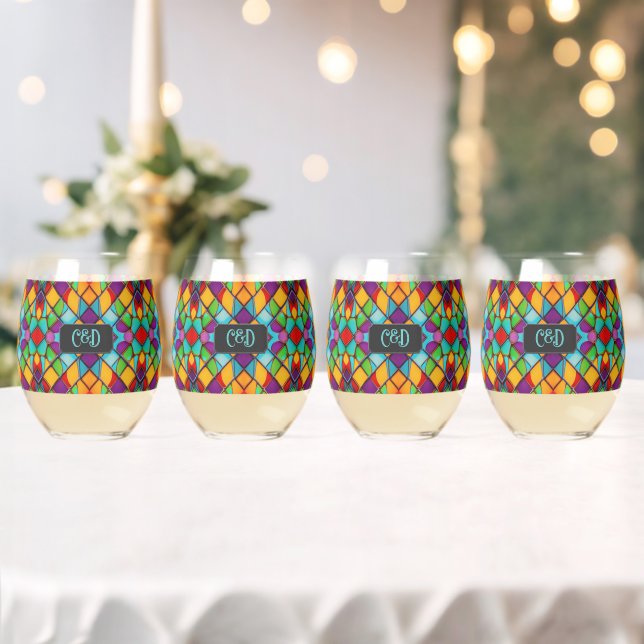Vaso De Vino Efecto del vidrio manchado - monogramos (Insitu (Boda))