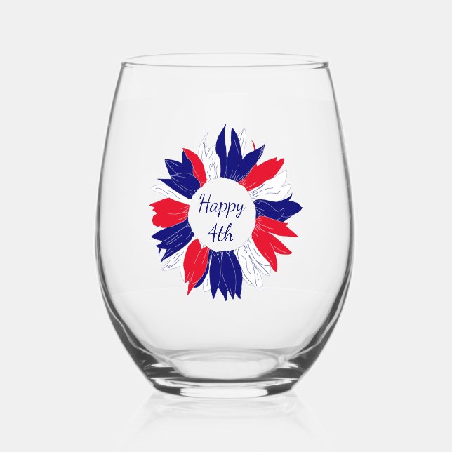 Vaso De Vino El 4 de julio Patriótico Floral Azul Blanco Rojo A (Anverso)