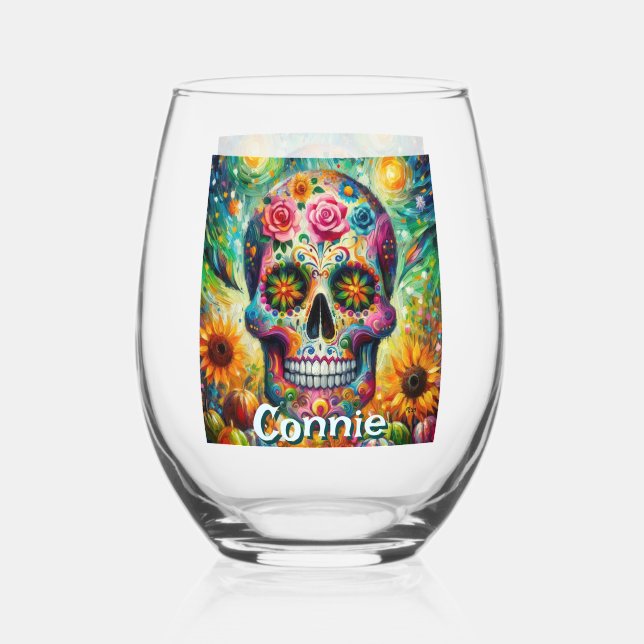 Vaso De Vino El Día de la Calavera del Azúcar Personalizado de  (Anverso)