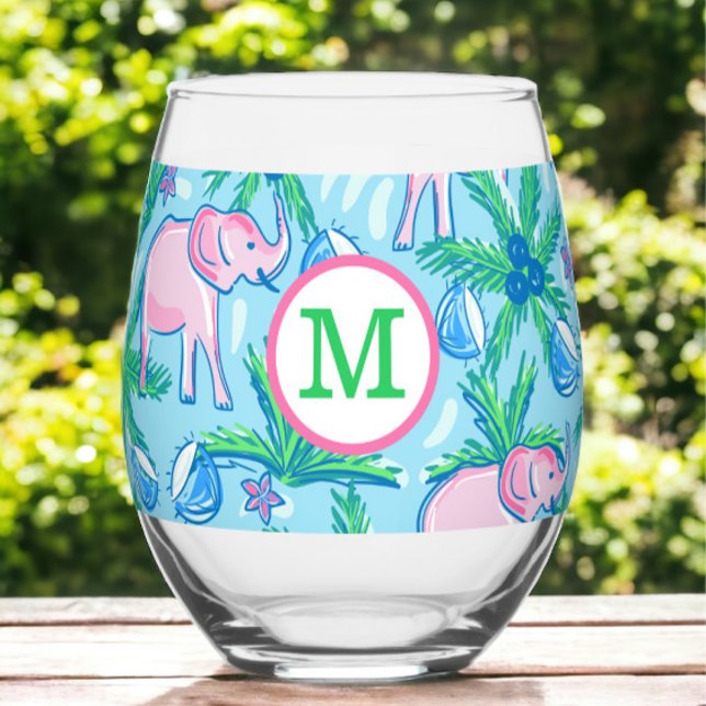 Vaso De Vino Elefante Rosa con Monograma de Palma Preppy  (Subido por el creador)