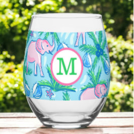 Vaso De Vino Elefante Rosa con Monograma Preppy y Palma 