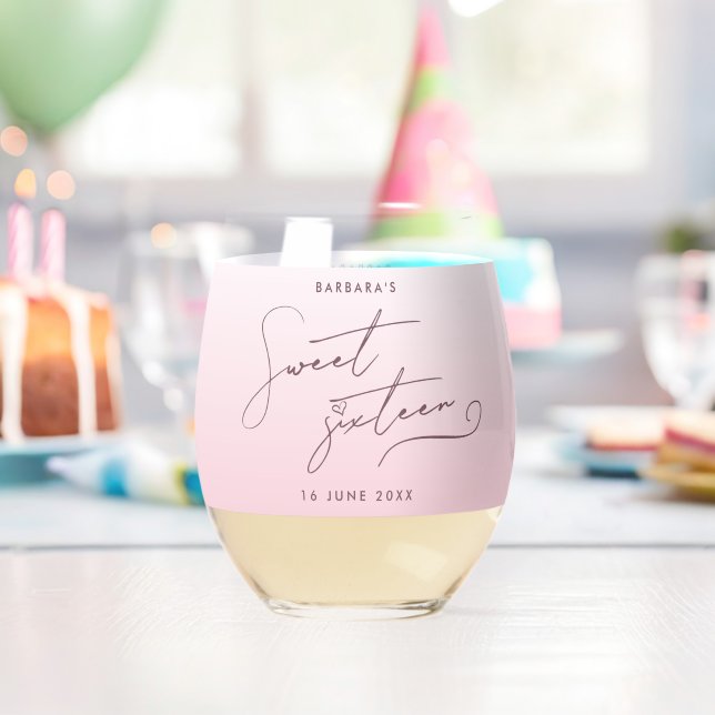 Vaso De Vino Elegant Blush Pink Ombre Script Sweet Sixteen (Insitu (Cumpleaños))