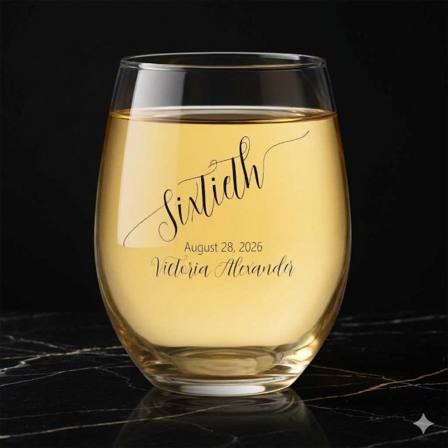 Vaso De Vino Elegant Custom Sixtieth Birthday Calligraphy (Elegant Custom Sixtieth Birthday Calligraphy Stemless Wine Glass )