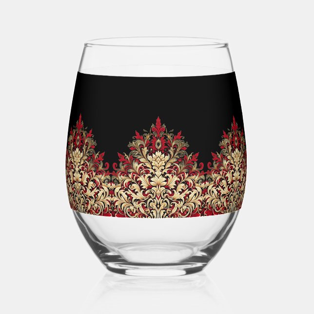 Vaso De Vino Elegant Damask Black Red and Gold Pattern (Anverso)