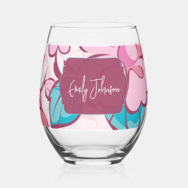 Vaso De Vino Elegant Floral Abstract Pink Blue Custom Name