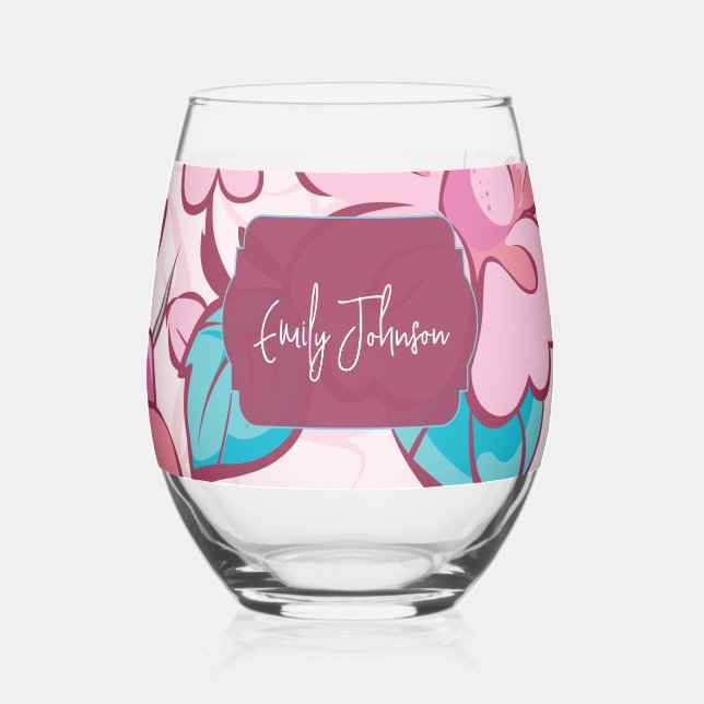 Vaso De Vino Elegant Floral Abstract Pink Blue Custom Name (Izquierda)