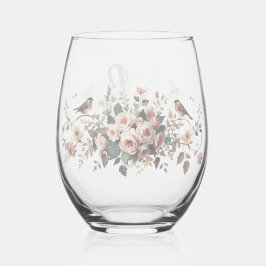 Vaso De Vino Elegant floral bird Monogram Script Name Bridal Sh