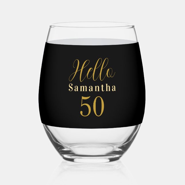Vaso De Vino Elegant Hello 50 Black Gold 50th Birthday (Anverso)