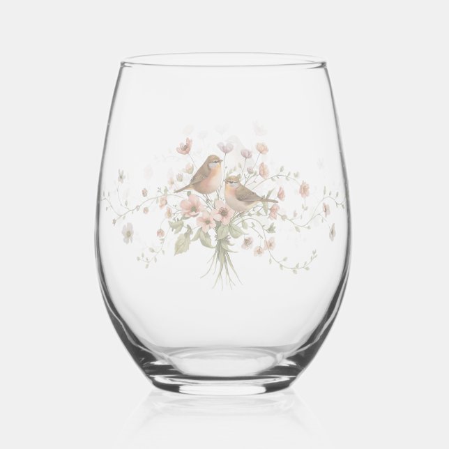 Vaso De Vino Elegant Modern floral Bird Overlay Flowers wedding (Reverso )