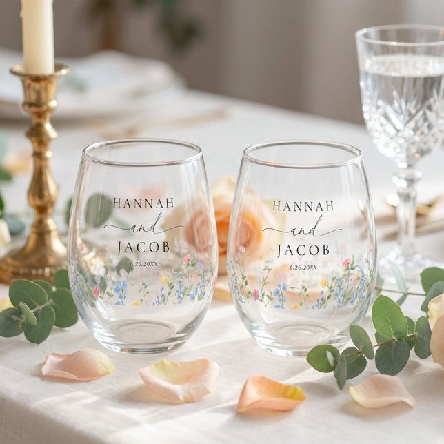 Vaso De Vino Elegant Wildflower Wedding Couple Drinkware Set (Subido por el creador)