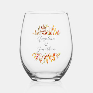 Vaso De Vino Elegante acuarela otoño deja matrimonio personaliz