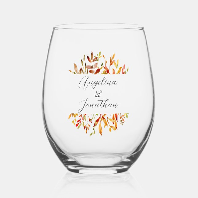 Vaso De Vino Elegante acuarela otoño deja matrimonio personaliz (Anverso)
