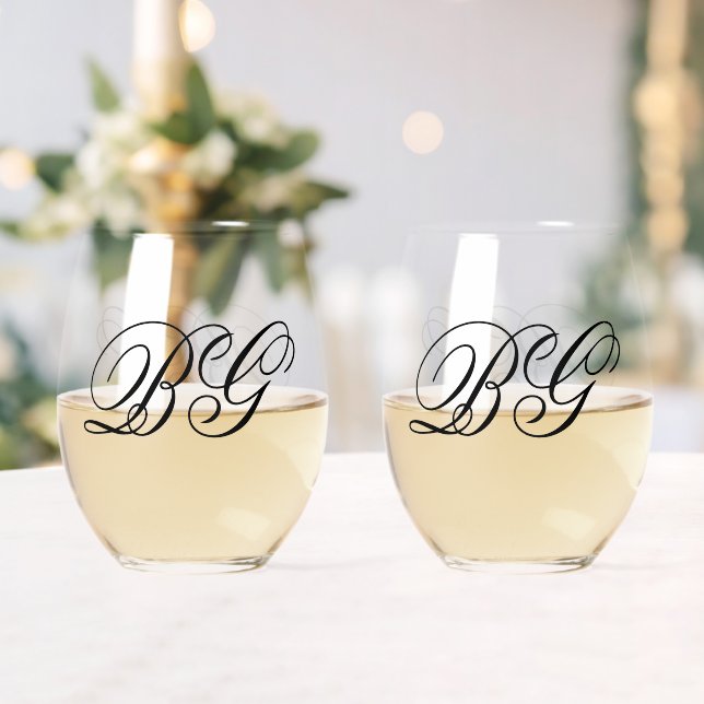 Vaso De Vino Elegante Boda de Monograma Blanco Negro Minimalist (Insitu (Boda))