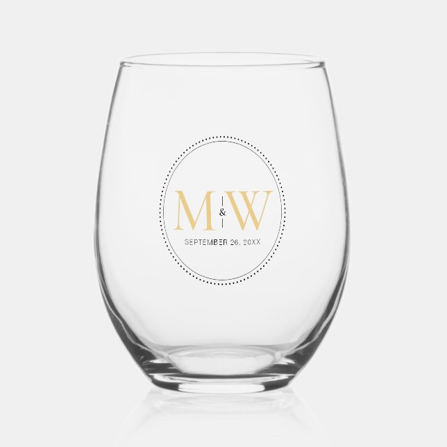 Vaso De Vino Elegante Boda de Monograma Dorado (Anverso)