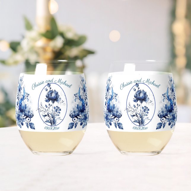 Vaso De Vino Elegante Boda de todos los crisantanes azules (Insitu (Boda))