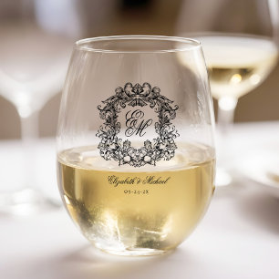 Vaso De Vino Elegante Boda Escudo Monograma