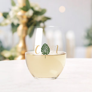 Vaso De Vino Elegante Boda Tropical de Hojas de Palma Monograma