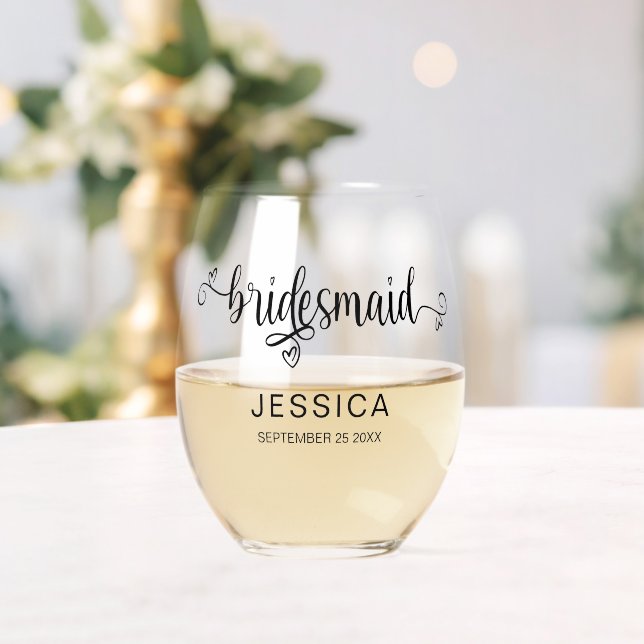 Vaso De Vino Elegante Caligrafía Nombre Fecha Bridesmaid Regalo (Insitu (Boda))