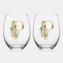 Vaso De Vino Elegante decoración dorada inicial P con vegetació