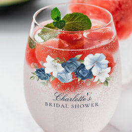 Vaso De Vino Elegante Ducha Azul Floral Bridal