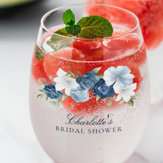 Vaso De Vino Elegante Ducha Azul Floral Bridal