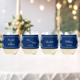 Vaso De Vino Elegante encaje floral sobre Boda azul de la marin