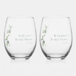 Vaso De Vino Elegante Fiesta Botánico Moderno Bridal Shower<br><div class="desc">Eucalyptus Greenery Watercolor Bridal Shower Stemless Wine Glass que usted puede fácilmente personalizar para su evento especial y ocasiones anuales.</div>