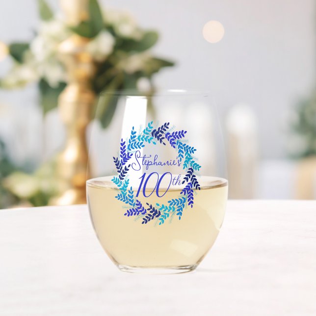Vaso De Vino Elegante Floral Azul 100 cumpleaños (Insitu (Boda))