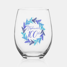 Vaso De Vino Elegante Floral Azul 100 cumpleaños