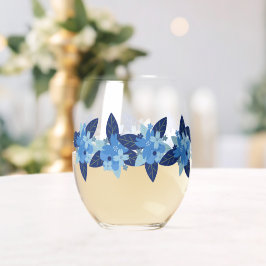 Vaso De Vino Elegante Floral Monocromático Diseño Azul