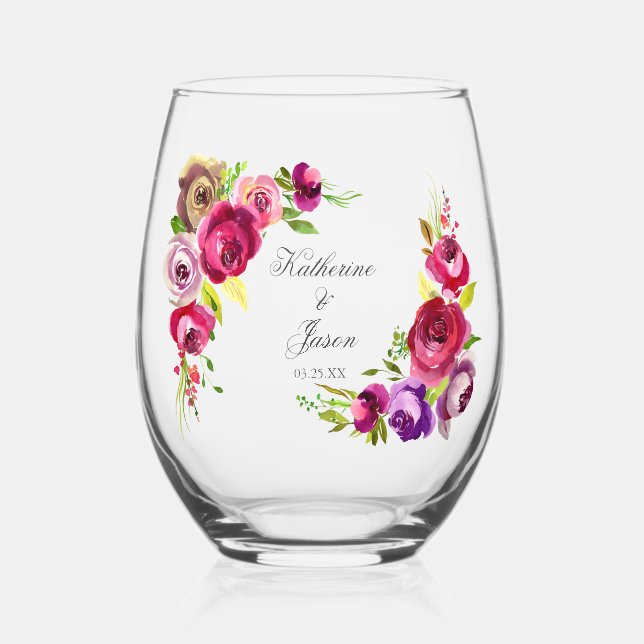 Vaso De Vino Elegante Fuchsia Boda Floral Rosa Keepsake (Anverso)