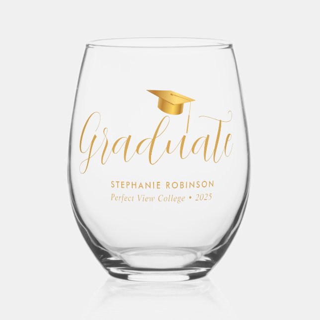 Vaso De Vino Elegante Graduación de Guión Dorado (Anverso)