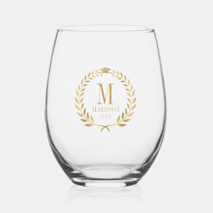 Vaso De Vino Elegante Graduación de Laurel y Gorro de Oro