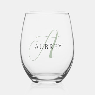 Vaso De Vino Elegante juego de vajilla de monograma verde sabio