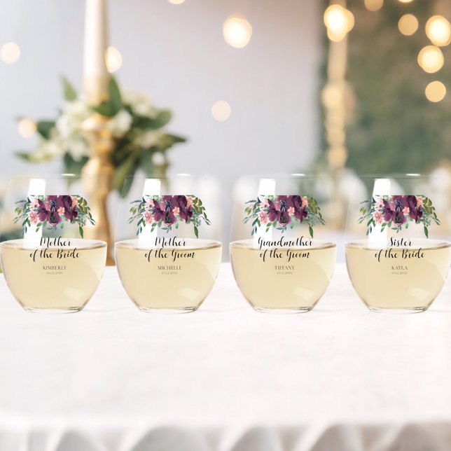 Vaso De Vino Elegante madre floral del novio de la novia (Mother of the Bride Groom Wedding Party Wine Glasses - Set of 4, Grandmother, Sister, Bonus Mom)
