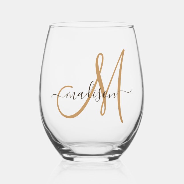 Vaso De Vino Elegante Monograma Black Gold Script Name (Anverso)