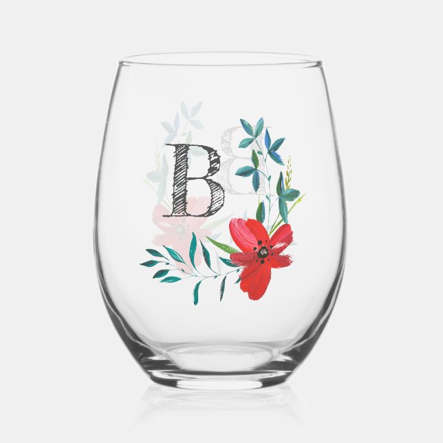 Vaso De Vino Elegante Monograma Floral de acuarela (Anverso)