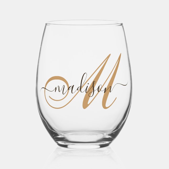 Vaso De Vino Elegante Monograma Gold Script Nombre (Anverso)