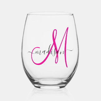Vaso De Vino Elegante Monograma Guión de nombre negro rosado ca