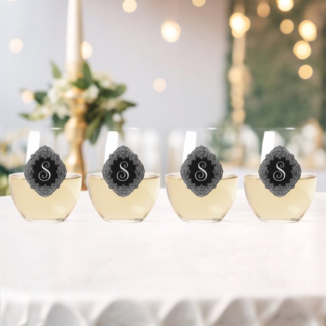 Vaso De Vino Elegante, monograma inicial (Insitu (Boda))