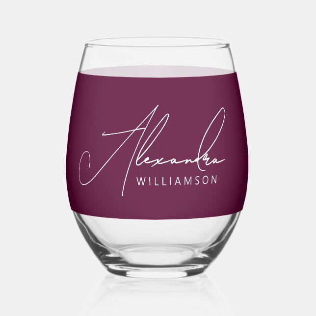 Vaso De Vino Elegante nombre en caligrafía moderna en burgundy  (Anverso)