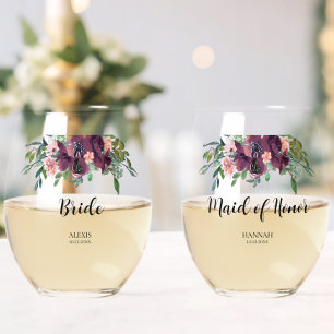 Vaso De Vino Elegante novia floral, empleada del partido de hon