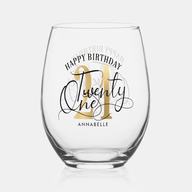 Vaso De Vino Elegante oro y negro 21 cumpleaños (Anverso)