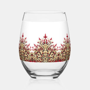 Vaso De Vino Elegante patrón de damasco rojo y dorado