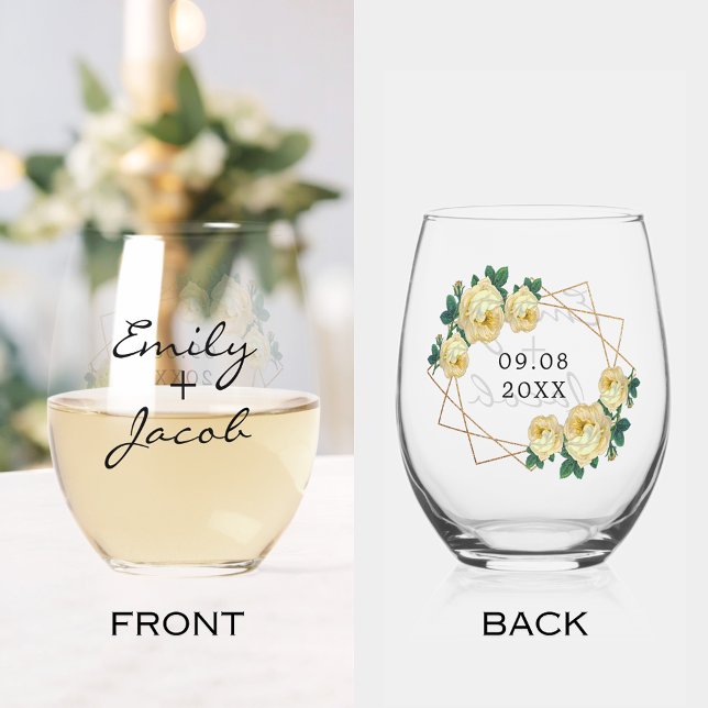 Vaso De Vino Elegante Purpurina de oro Geo Boda floral amarillo (Elegant Gold Glitter Geo Yellow Floral Wedding Stemless Wine Glass)