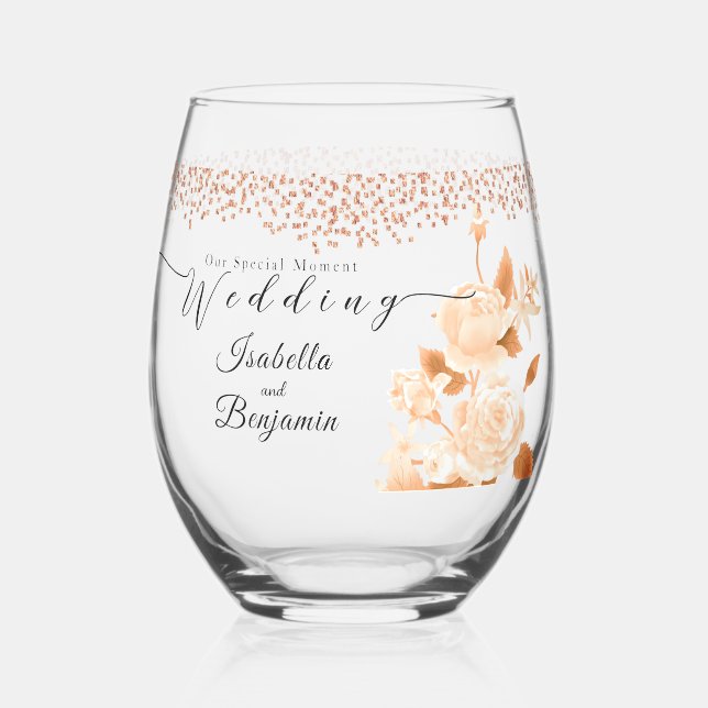 Vaso De Vino Elegante Rosa de oro Boda negro (Anverso)