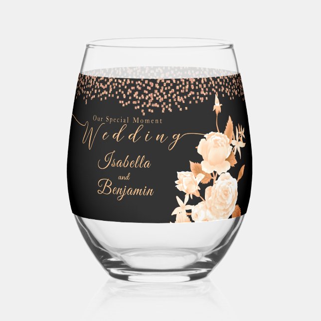 Vaso De Vino Elegante Rosa de oro Boda negro (Anverso)