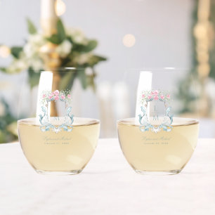 Vaso De Vino Elegante Rosa Escudo con Bow   Boda de monograma