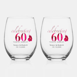 Vaso De Vino Elegante rosa floral 60º aniversario fecha